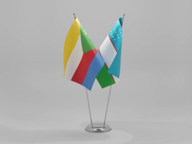 Özbekistan - Komoros İşbirliği Bayrakları, Beyaz Arkaplan - 3D Render