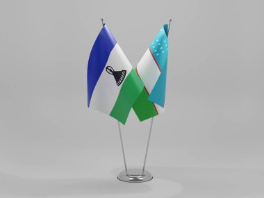Özbekistan - Lesotho İşbirliği Bayrakları, Beyaz Arkaplan - 3D Render