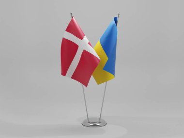 Ukrayna - Danimarka İşbirliği Bayrakları, Beyaz Arkaplan - 3D Render