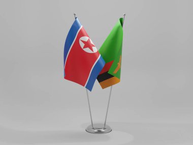 Zambiya - Kuzey Kore İşbirliği Bayrakları, Beyaz Arkaplan - 3D Render