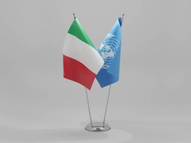 Birleşmiş Milletler - İtalya İşbirliği Bayrakları, Beyaz Arkaplan - 3D Render