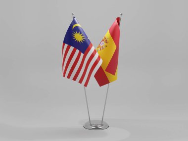 İspanya - Malezya İşbirliği Bayrakları, Beyaz Arkaplan - 3D Render