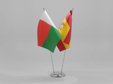 İspanya - Madagaskar İşbirliği Bayrakları, Beyaz Arkaplan - 3D Render
