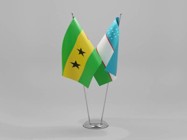 Özbekistan - Sao Tome ve Principe İşbirliği Bayrakları, Beyaz Arkaplan - 3D Render