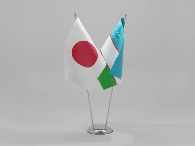 Özbekistan - Japonya İşbirliği Bayrakları, Beyaz Arkaplan - 3D Render