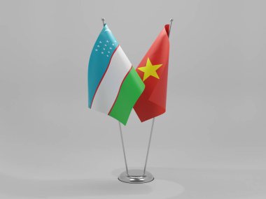 Vietnam - Özbekistan İşbirliği Bayrakları, Beyaz Arkaplan - 3D Render