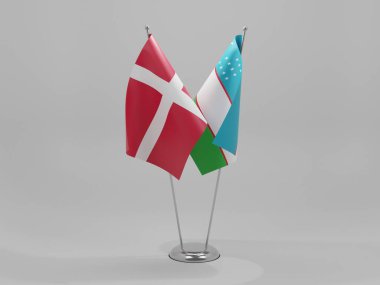 Özbekistan - Danimarka İşbirliği Bayrakları, Beyaz Arkaplan - 3D Render