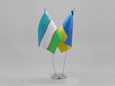 Ukrayna - Özbekistan İşbirliği Bayrakları, Beyaz Arkaplan - 3D Render