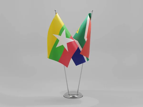 África Sul Bandeiras Cooperação Mianmar Fundo Branco Render — Fotografia de Stock