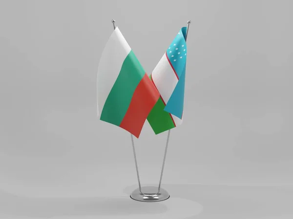 Uzbekistán Banderas Cooperación Bulgaria Fondo Blanco Render — Foto de Stock