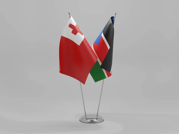 Sudán Del Sur Banderas Cooperación Tonga Fondo Blanco Render —  Fotos de Stock