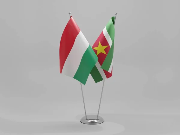 Surinam Ungerns Samarbetsflaggor Vit Bakgrund Render — Stockfoto