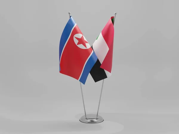 Sudan North Korea Cooperation Flags White Background Render — 图库照片