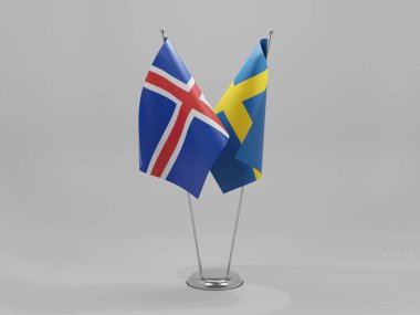 İsveç - İzlanda İşbirliği Bayrakları, Beyaz Arkaplan - 3D Render