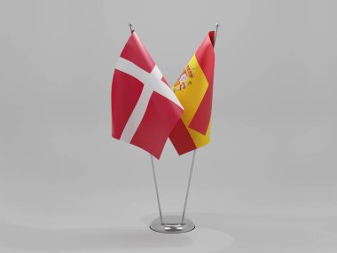 İspanya - Danimarka İşbirliği Bayrakları, Beyaz Arkaplan - 3D Yapılandırma