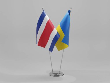 Ukrayna - Kosta Rika İşbirliği Bayrakları, Beyaz Arkaplan - 3D Render