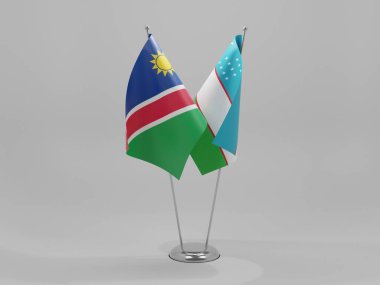 Özbekistan - Namibya İşbirliği Bayrakları, Beyaz Arkaplan - 3D Render