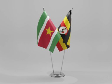 Uganda - Surinam İşbirliği Bayrakları, Beyaz Arkaplan - 3D Render