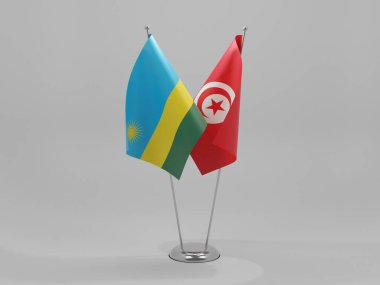 Tunus - Ruanda İşbirliği Bayrakları, Beyaz Arkaplan - 3D Render