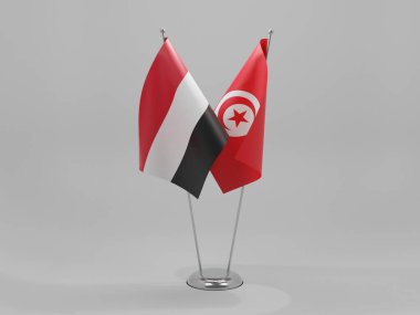 Tunus - Yemen İşbirliği Bayrakları, Beyaz Arkaplan - 3D Render