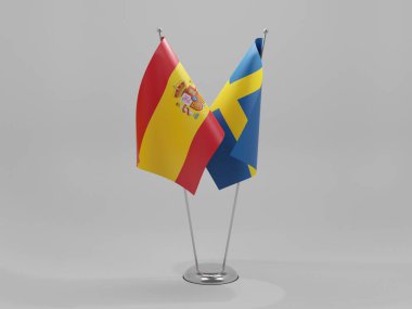 İsveç - İspanya İşbirliği Bayrakları, Beyaz Arkaplan - 3D Yapılandırma