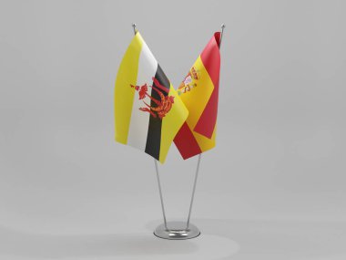 İspanya - Brunei İşbirliği Bayrakları, Beyaz Arkaplan - 3D Yapılandırma