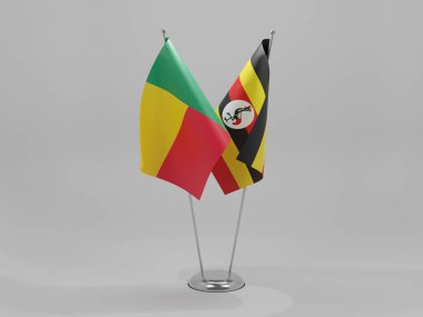 Uganda - Benin İşbirliği Bayrakları, Beyaz Arkaplan - 3D Render