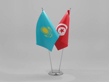Tunus - Kazakistan İşbirliği Bayrakları, Beyaz Arkaplan - 3D Render