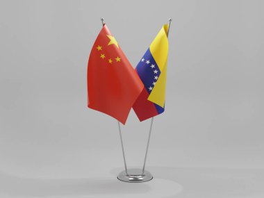 Venezuela - Çin İşbirliği Bayrakları, Beyaz Arkaplan - 3D Render