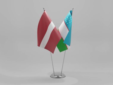 Özbekistan - Letonya İşbirliği Bayrakları, Beyaz Arkaplan - 3B Render