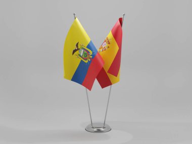 İspanya - Ekvador İşbirliği Bayrakları, Beyaz Arkaplan - 3D Render
