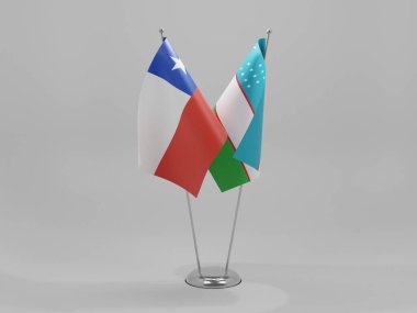 Özbekistan - Şili İşbirliği Bayrakları, Beyaz Arkaplan - 3D Render