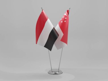 Singapur - Yemen İşbirliği Bayrakları, Beyaz Arkaplan - 3D Render