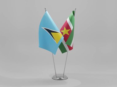 Surinam - Saint Lucia İşbirliği Bayrakları, Beyaz Arkaplan - 3D Render