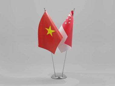 Singapur - Vietnam İşbirliği Bayrakları, Beyaz Arkaplan - 3D Render
