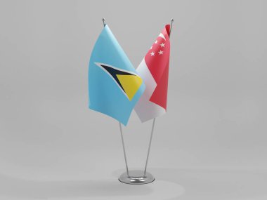 Singapur - Saint Lucia İşbirliği Bayrakları, Beyaz Arkaplan - 3D Render