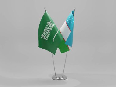 Özbekistan - Suudi Arabistan İşbirliği Bayrakları, Beyaz Arkaplan - 3D Render