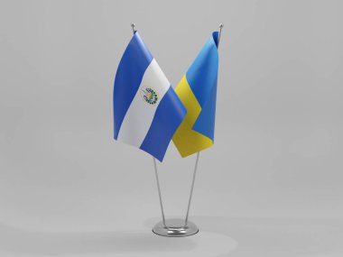 Ukrayna - El Salvador İşbirliği Bayrakları, Beyaz Arkaplan - 3D Render