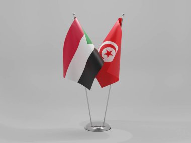 Tunus - Sudan İşbirliği Bayrakları, Beyaz Arkaplan - 3D Render