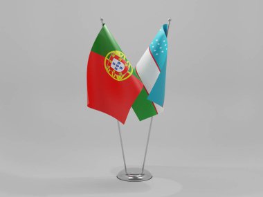 Özbekistan - Portekiz İşbirliği Bayrakları, Beyaz Arkaplan - 3D Render