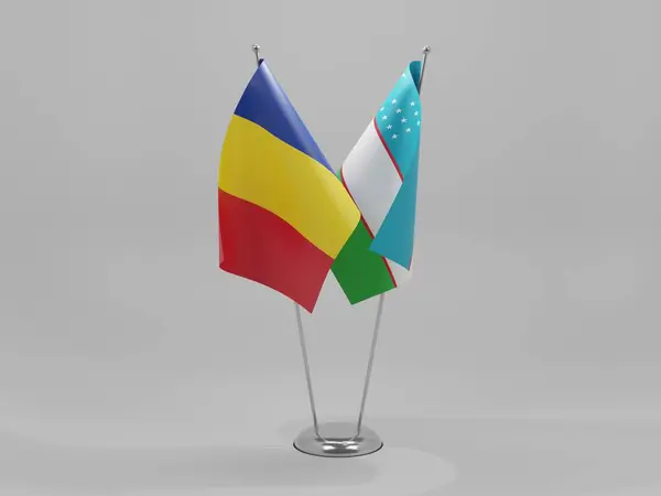 Ouzbékistan Roumanie Drapeaux Coopération Fond Blanc Render — Photo