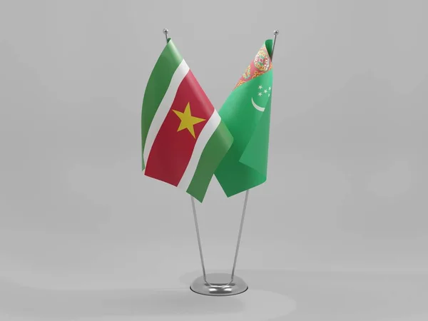 Türkmenisztán Suriname Együttműködési Zászlók Fehér Háttér Render — Stock Fotó