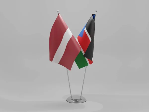 Sudán Del Sur Banderas Cooperación Letonia Fondo Blanco Render —  Fotos de Stock