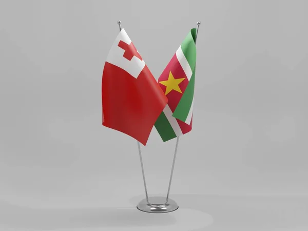 Suriname Tonga Együttműködési Zászlók Fehér Háttér Render — Stock Fotó