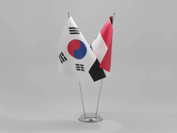 Sudão Bandeiras Cooperação Coreia Sul Fundo Branco Render — Fotografia de Stock