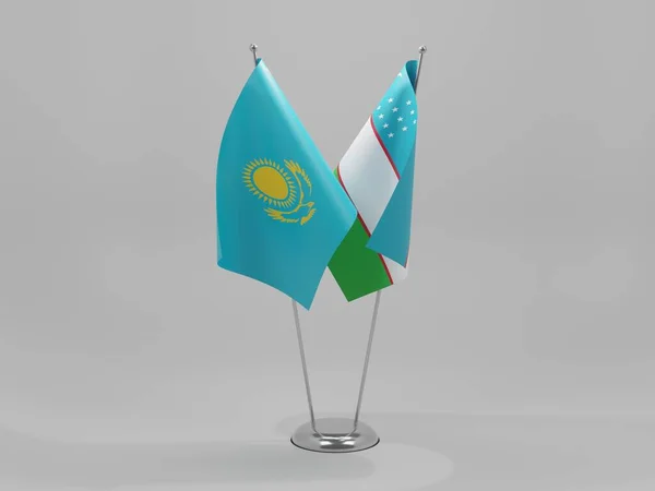 Uzbekistan Kazakstans Samarbetsflaggor Vit Bakgrund Render — Stockfoto