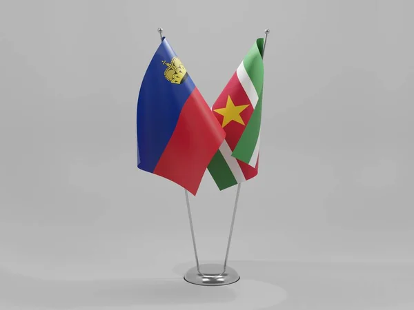 Suriname Flagi Współpracy Liechtensteinu Białe Tło Render — Zdjęcie stockowe