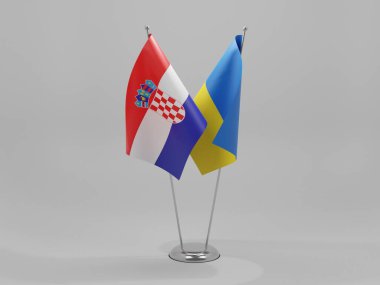 Ukrayna - Hırvatistan İşbirliği Bayrakları, Beyaz Arkaplan - 3D Hazırlama