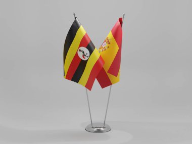 İspanya - Uganda İşbirliği Bayrakları, Beyaz Arkaplan - 3D Render