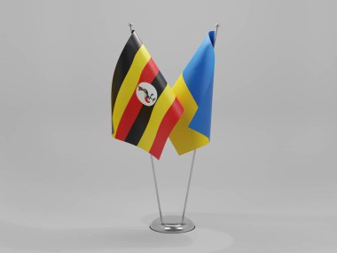Ukrayna - Uganda İşbirliği Bayrakları, Beyaz Arkaplan - 3D Render